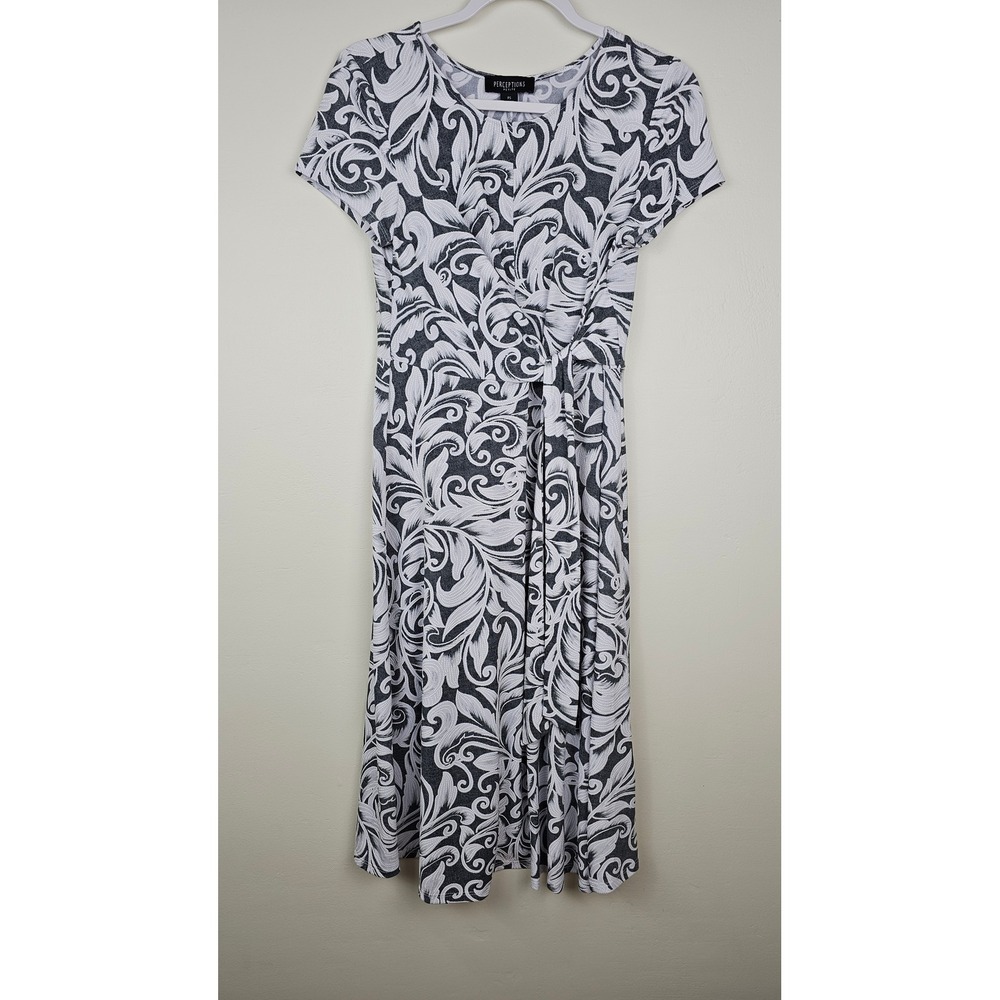 Perceptions Dress Womens PS Gray Floral Faux Wrap Fit & Flare Scroll Petite